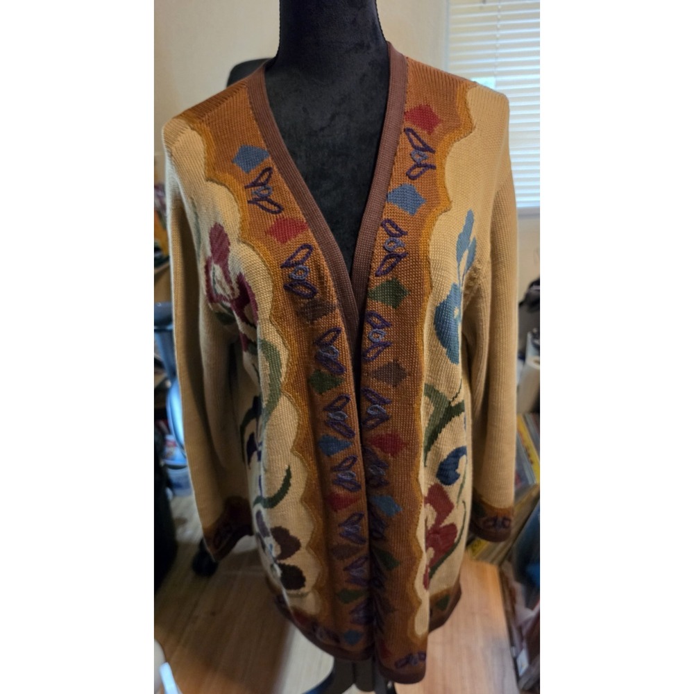 Peruvian Connection 100% PIMA Cotton Brown Blue Cardigan Open Long Sweater XL